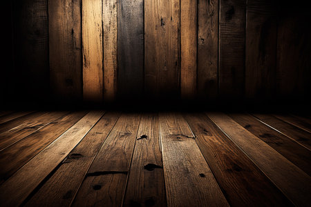 Dark empty room in brown wood with light spot, wood room, AI Generatedの素材