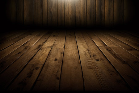 Dark empty room in brown wood with light spot, wood room, AI Generatedの素材
