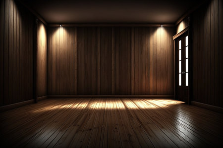 Dark empty room in brown wood with light spot, wood room, AI Generatedの素材