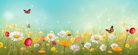 Spring Flower Meadow Background Banner Illustration with Butterflies, AI Generatedの素材