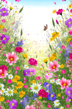 Spring Flower Meadow Background Illustration with Butterfliesの素材