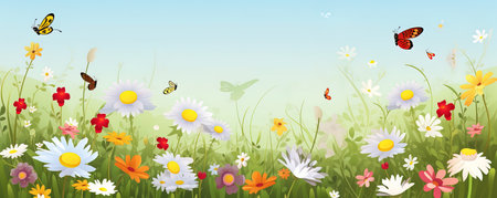 Spring Flower Meadow Background Banner Illustration with Butterflies, AI Generatedの素材