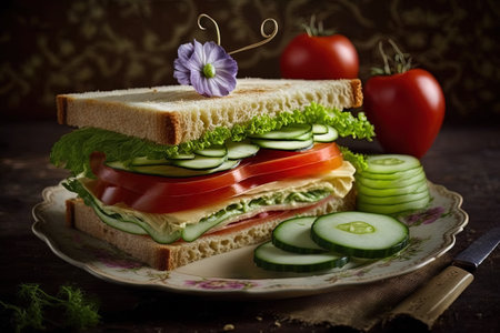 Sandwich with ham, cheese, tomato and cucumber on a dark backgroundの素材