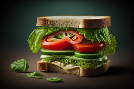 Sandwich with lettuce, tomato and cucumber on a dark backgroundの素材