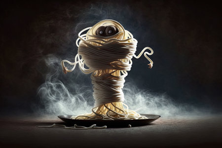 Spaghetti in the shape of a person with smoke on a dark background, still lifeの素材