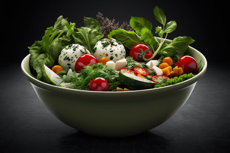 Fresh salad with mozzarella cheese, tomatoes and herbs in bowl on black backgroundの素材