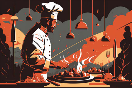 Vector illustration of a chef cooking on a fire in a restaurant.の素材