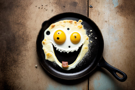 Funny fried egg in a cast-iron frying pan on wooden backgroundの素材