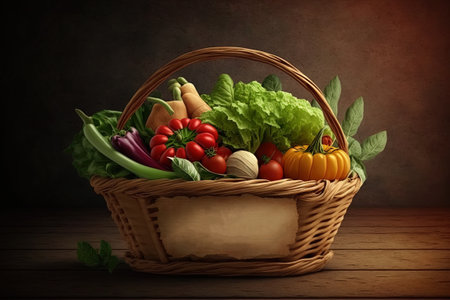 Fresh vegetables in a basket on wooden background. Healthy food concept.の素材