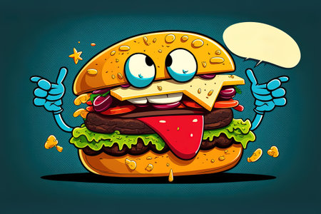 Cartoon hamburger with blank speech bubble on dark background. Vector illustration.の素材