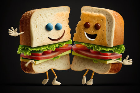 Funny sandwich character isolated on black background. 3d illustrations.の素材