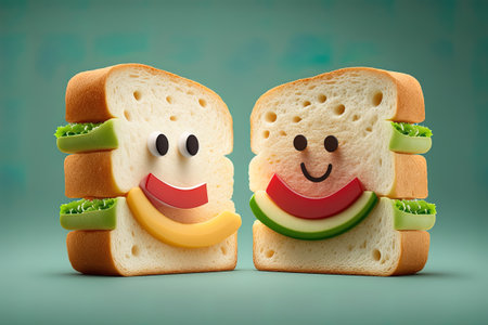 Funny sandwich with smiley faces. Funny food concept. 3d illustrationsの素材