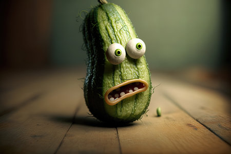 funny cucumber with eyes and mouth on a wooden background.の素材