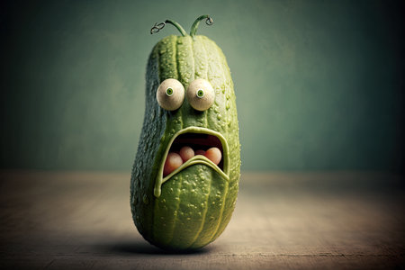 Funny cucumber with eyes and mouth on a wooden background.の素材