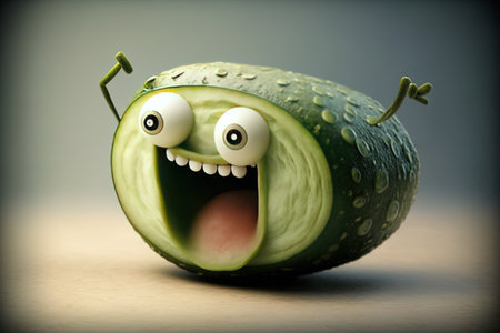 Cucumber with funny face and eyes. 3d illustrations.の素材