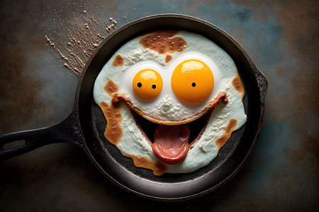 Funny pancake with eggs in a frying pan. Toned.の素材