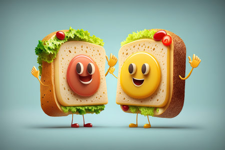 funny sandwich characters isolated on blue background, 3d render illustrationの素材