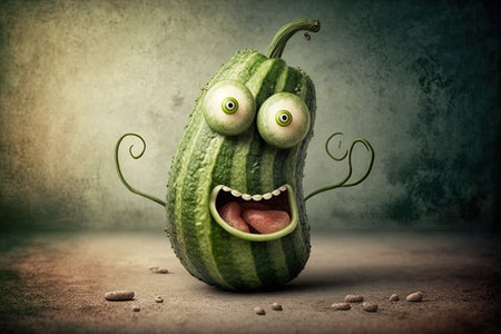 Funny cucumber with eyes, mouth and teeth on grunge backgroundの素材