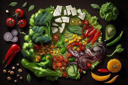 Top view of fresh organic vegetables on black background. Healthy food conceptの素材