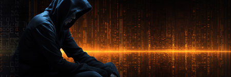 Hooded hacker sitting in front of a binary code on a dark backgroundの素材