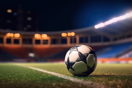 Football on the football pitch in a stadium under floodlights at night, background banner, AI Generatedの素材
