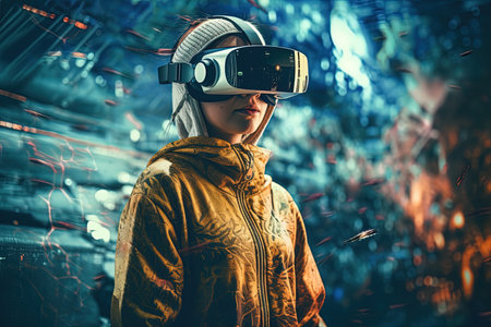Young people with VR glasses, virtual reality, future, AI generatedの素材