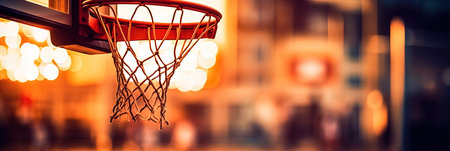 Basketball basket with ball in basket and bokeh background, banner, AI Generatedの素材