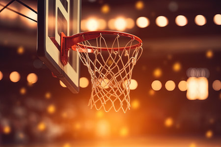 Basketball basket with ball in basket and bokeh background, banner, AI Generatedの素材