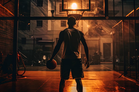 Basketball player standing in a backyard in a city facing the basketball hoop, AI Generatedの素材