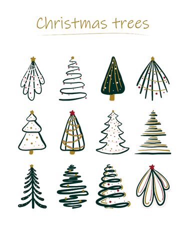 Hand drawn Christmas trees set. 12 items in setのイラスト素材