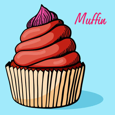 Muffin simple illustration . Cupcake with different flavors . Colored hand drawn muffin cookie .のイラスト素材