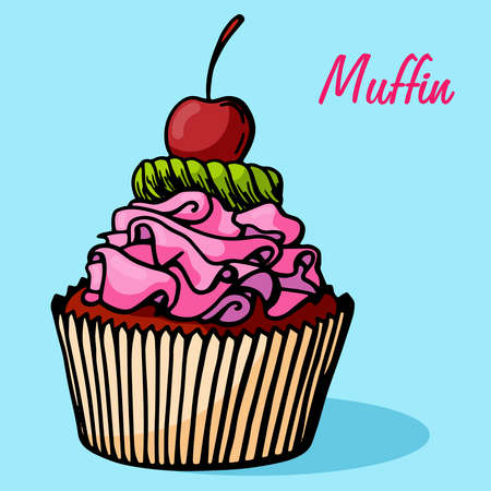 Muffin simple illustration . Cupcake with different flavors . Colored hand drawn muffin cookie .のイラスト素材