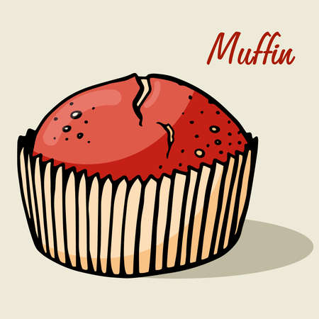Muffin simple illustration . Cupcake with different flavors . Colored hand drawn muffin cookie .のイラスト素材
