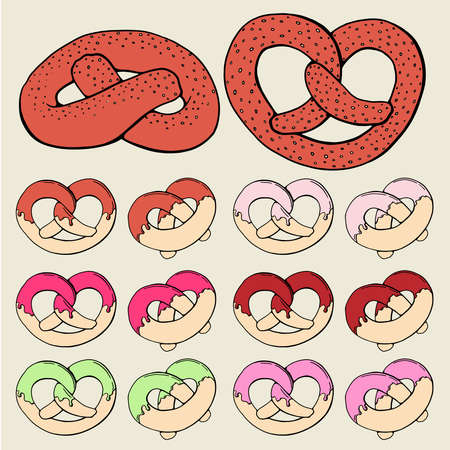 Hand drawn bread colorful. Pretzel icon vector illustration in sketch style. Set, collectionのイラスト素材
