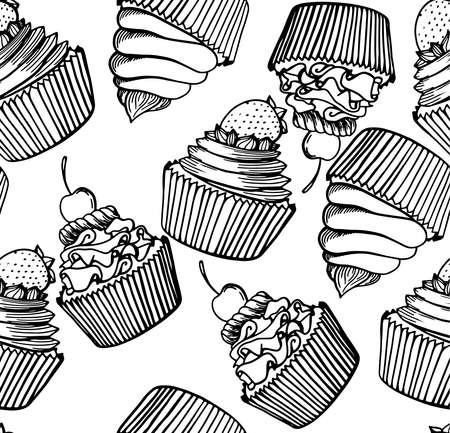 Muffin seamless pattern simple illustration . Cupcake collection with different flavors . Hand drawn muffin cookies .のイラスト素材