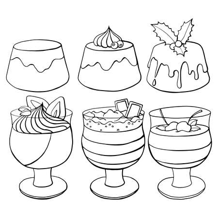 Vector hand drawn pudding icon badge dessert for design menu cafe, label and packaging. Retro style. Set, collectionのイラスト素材