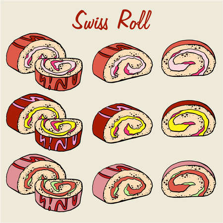 Hand Drawn Swiss Roll Colored Sketch Symbol. Vector Pastry Element In Trendy Style. Set, collection. Vector illustrationのイラスト素材