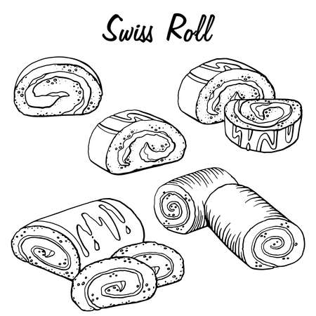 Hand Drawn Swiss Roll Sketch Symbol. Vector Pastry Element In Trendy Style. Set, collection. Vector illustrationのイラスト素材