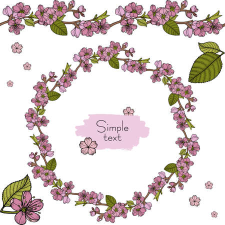Sakura flowers blossom set, hand drawn line ink style. Cute doodle cherry plant vector illustration, black isolated on white background. Realistic floral bloom for spring japanese or chinese holidayの写真素材