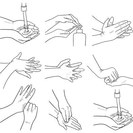 How to wash your hands properly. Vector illustration of Handwashing. Hands soaping and rinsingのイラスト素材
