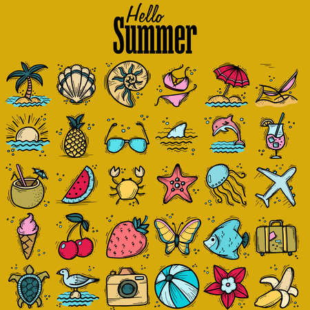 Set of icons and design elements for summer holidays and beach rest in doodle style. A set of elements drawn manually using a liner. Vector illustration.のイラスト素材