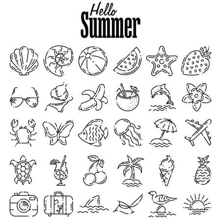 Thin line icons set of summer and beach. Outline symbol collection. Outline web icon setのイラスト素材