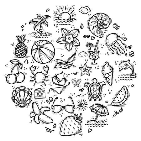 Set of icons and design elements for summer holidays and beach rest in doodle style. A set of elements drawn manually using a liner. Vector illustration.のイラスト素材
