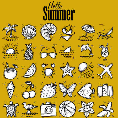 Set of icons and design elements for summer holidays and beach rest in doodle style. A set of elements drawn manually using a liner. Vector illustration.のイラスト素材