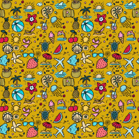 Set of icons and design elements for summer holidays and beach rest in doodle style. A set of...
