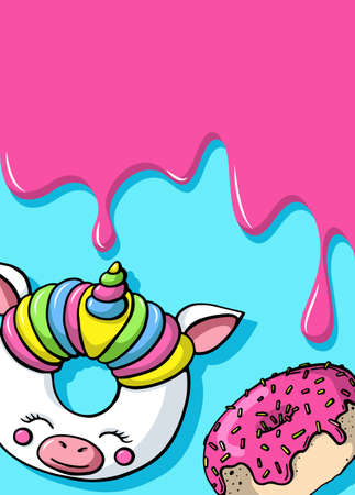 Glazed cute doughnut animal. Donuts card with glaze and bite, eaten chocolate icing fritters or caramel circle doughnutsのイラスト素材