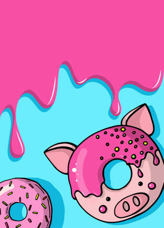 Glazed cute doughnut animal. Donuts card with glaze and bite, eaten chocolate icing fritters or caramel circle doughnutsのイラスト素材