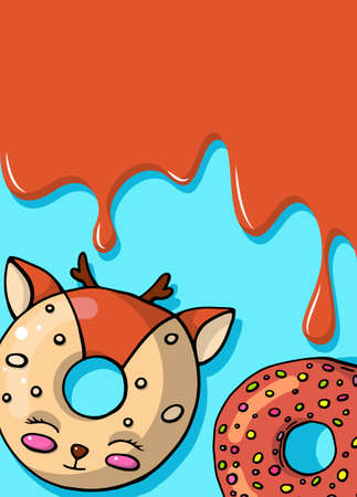 Glazed cute donut animal. Donuts card with glaze and bite, eaten chocolate icing fritters or caramel circle donutsのイラスト素材