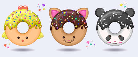 Glazed cute doughnut animals set. Isolated donuts with glaze and bite, eaten chocolate icing fritters or caramel circle doughnutsのイラスト素材