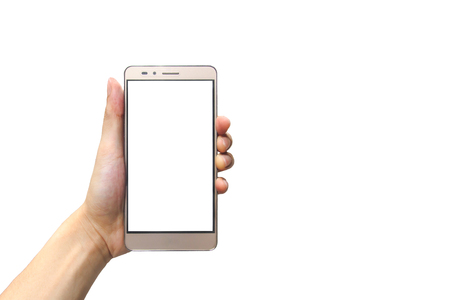 hand holding smartphone isolated on white backgroundの写真素材